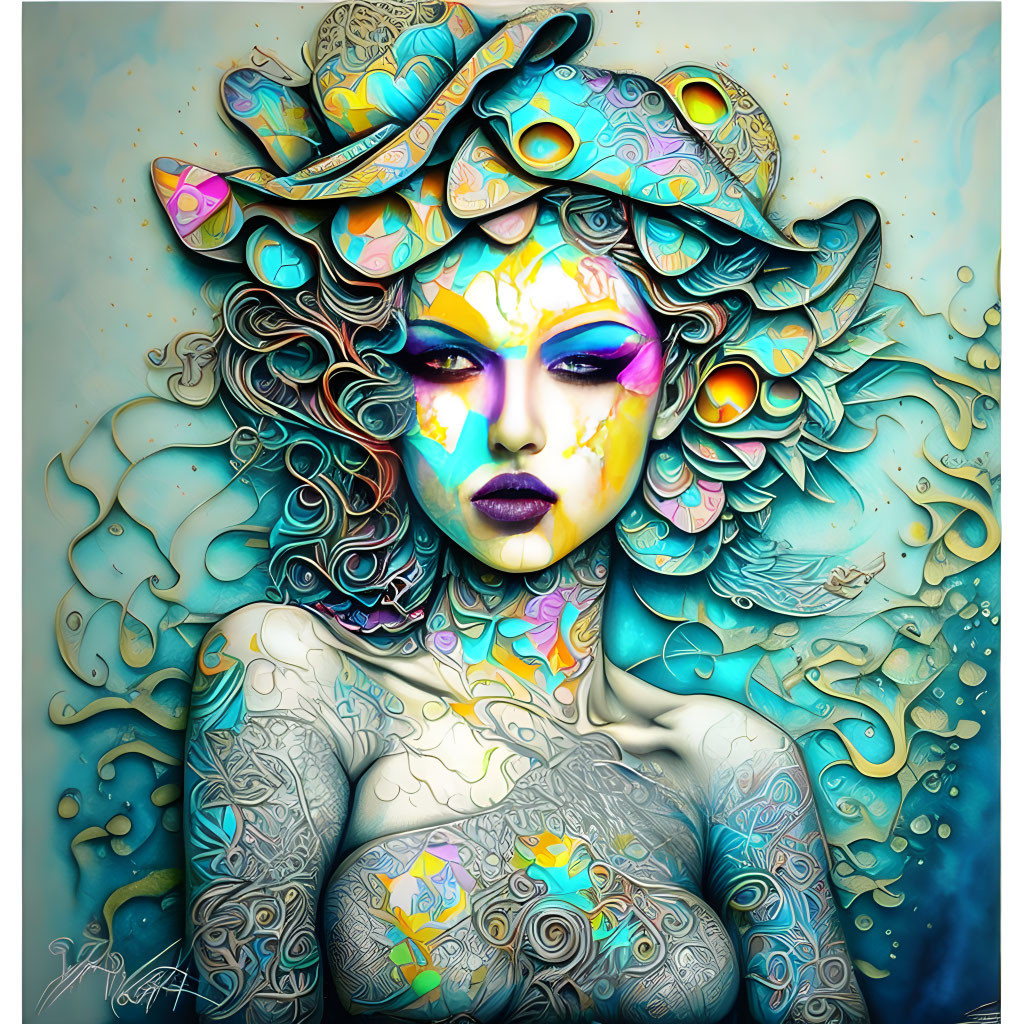 Colorful digital artwork of a woman with intricate tattoos and elaborate makeup