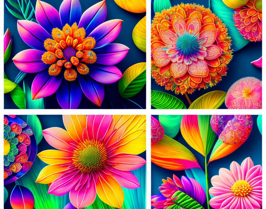 Colorful Flower Collage on Dark Blue Background