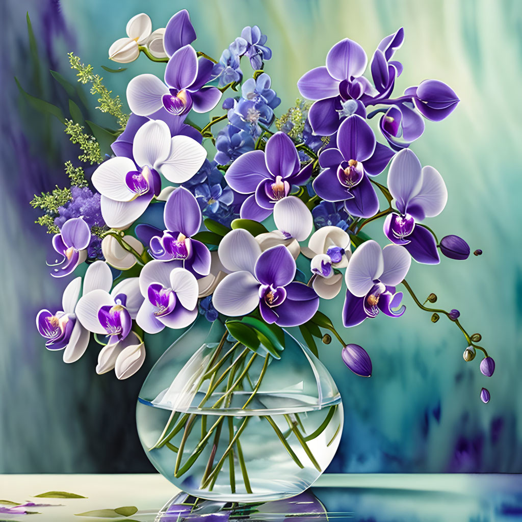 Purple and White Orchids in Transparent Vase on Blurred Background