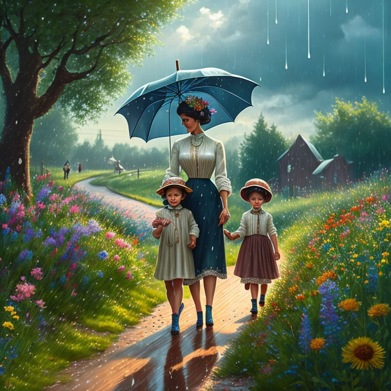 Woman and children walking in rain with umbrella through flower-lined path