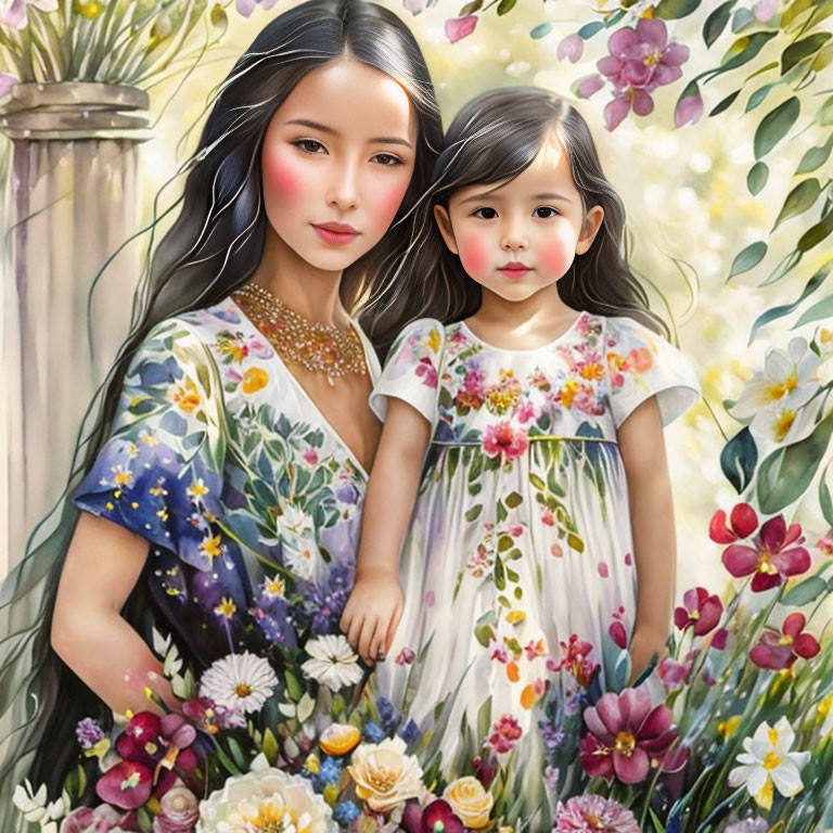 Illustration of woman and girl in floral dresses among lush flowers