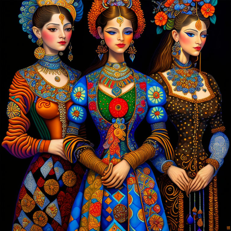 Three women in vibrant traditional dresses with intricate patterns and jewelry on dark background.