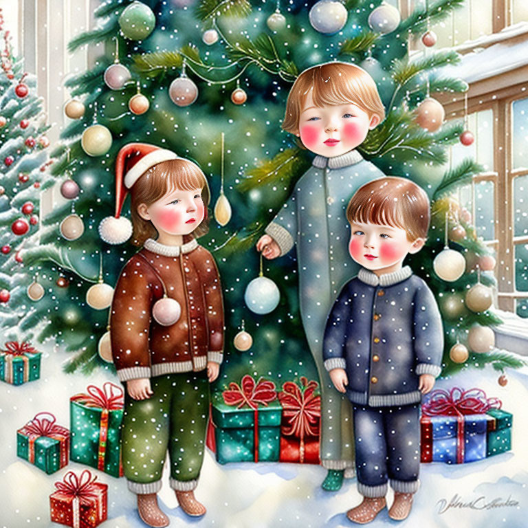 Three children by Christmas tree in winter scene