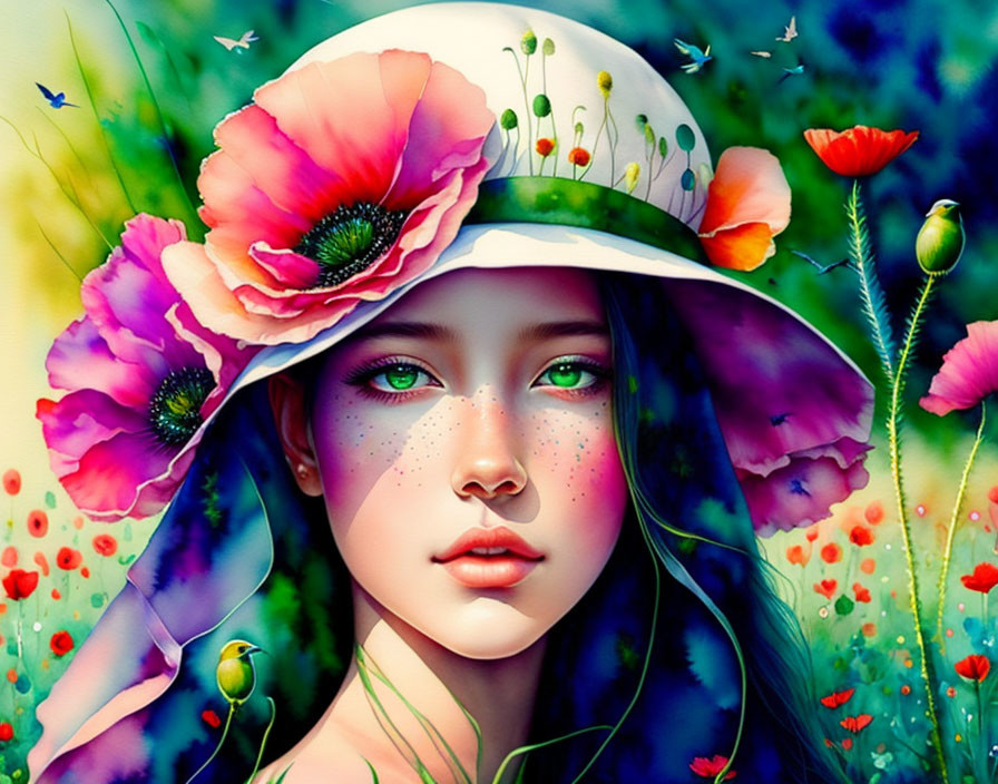 Digital art: Girl with green eyes in white hat with poppies, vibrant floral background