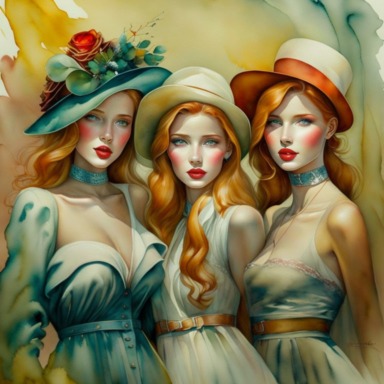 Illustration of Three Elegant Women with Striking Red Hair and Stylish Hats