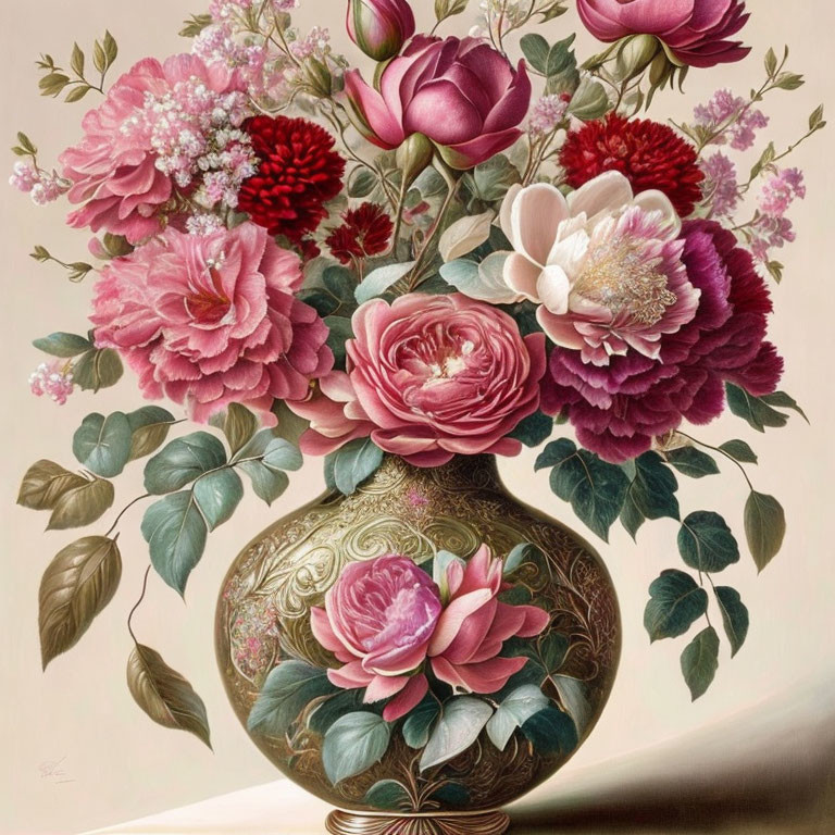 Detailed Floral Vase with Pink and Red Roses and Peonies