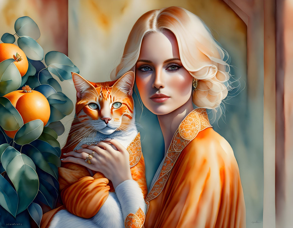 Blonde woman with blue eyes holding orange tabby cat in lush garden.