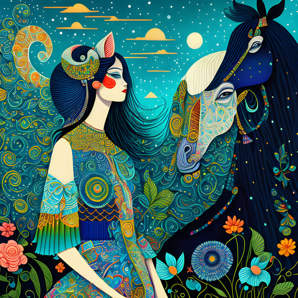 Detailed illustration of woman in patterned dress with stylized horse under celestial backdrop