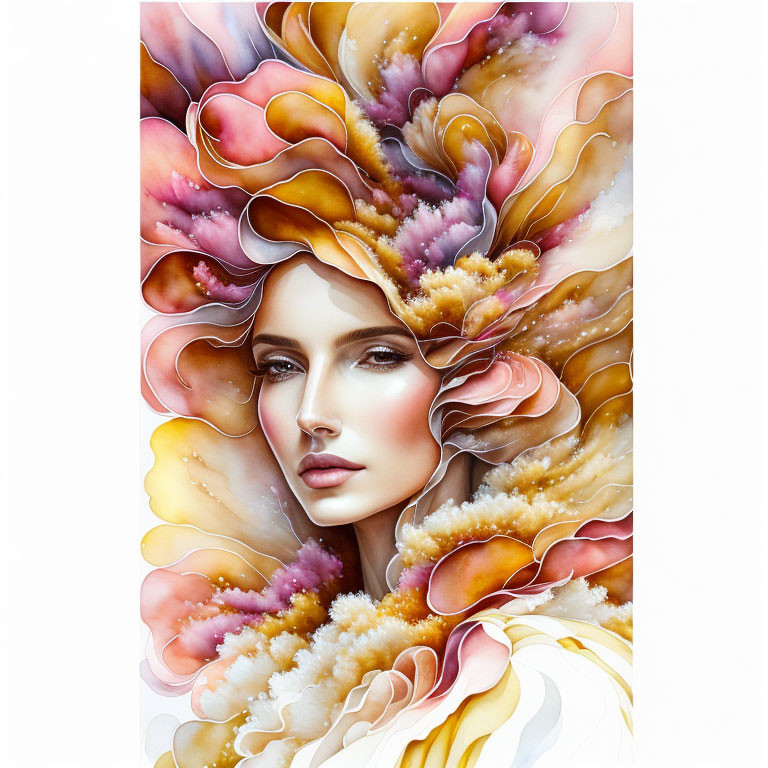 Stylized portrait of a woman blending into floral pattern in warm hues