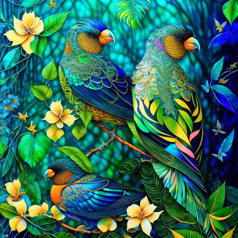 Colorful Stylized Parrots in Lush Foliage and Flowers on Blue Background