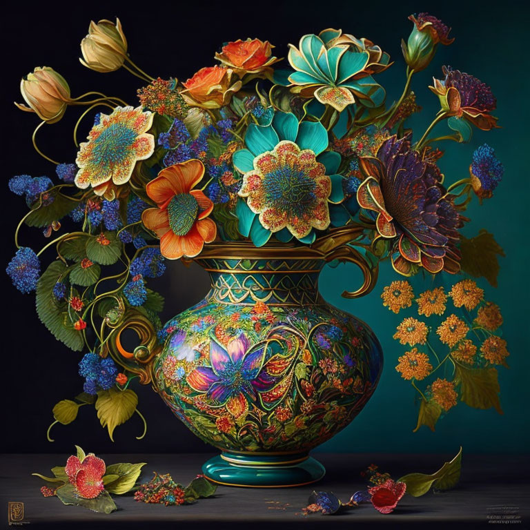 Colorful Still Life Painting with Ornate Vase and Flowers