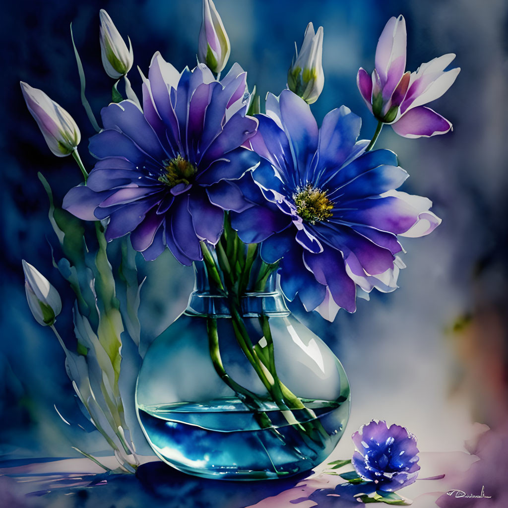 Purple Flowers in Clear Blue Vase Watercolor Painting