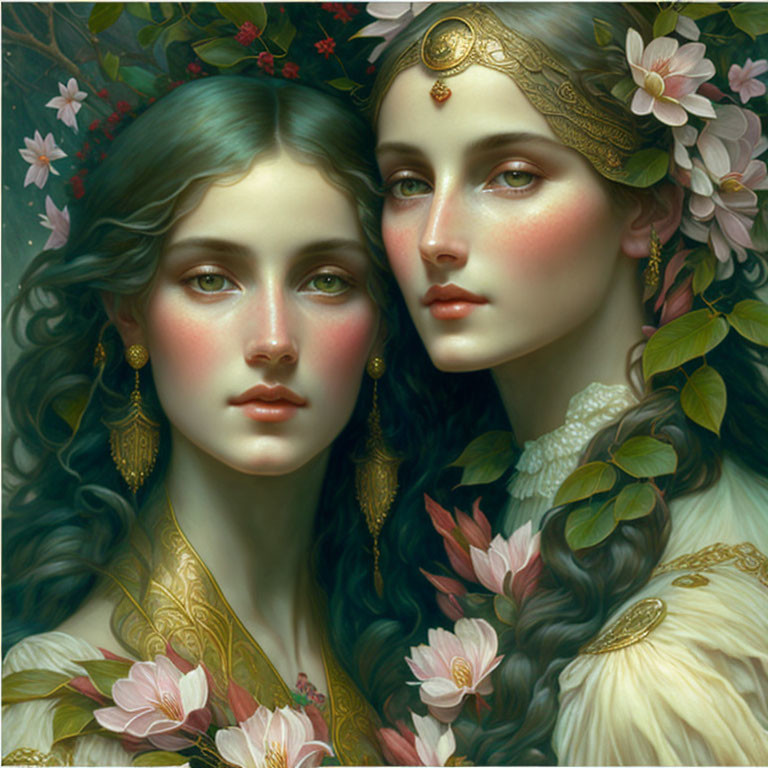 Fantasy portrait of two women with floral adornments in lush greenery