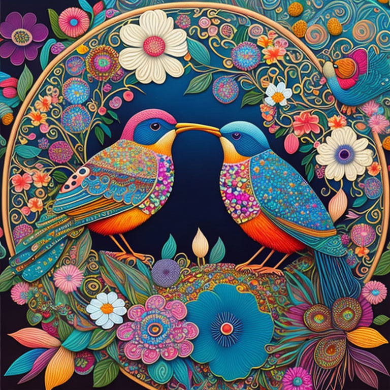 Colorful Stylized Birds with Floral Patterns on Dark Background