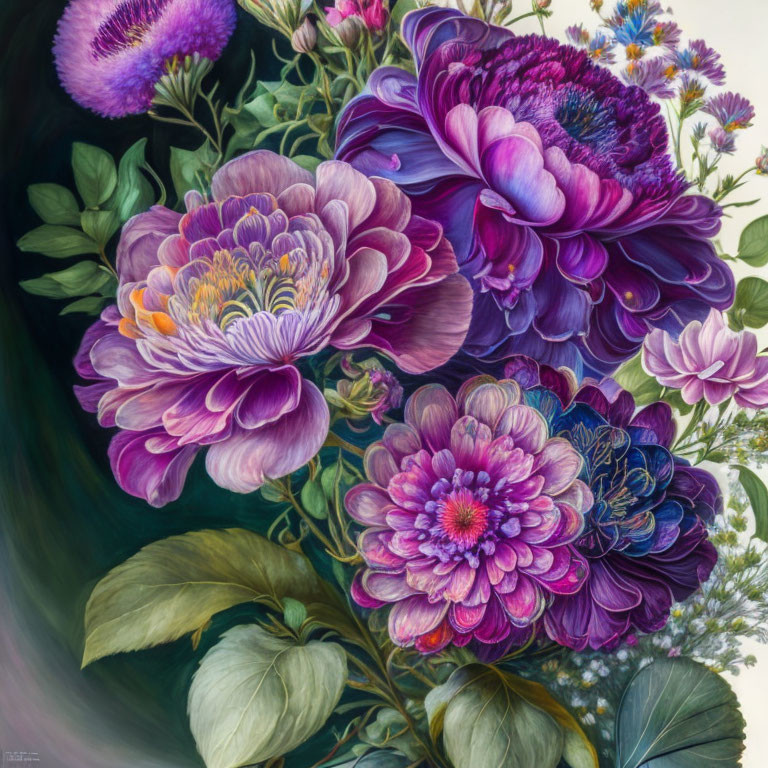 Detailed Painting of Purple Flowers and Foliage