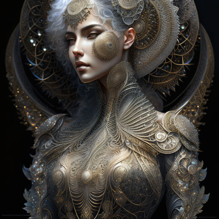 Fantasy portrait of woman in ornate golden armor and headdress