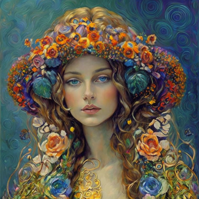 Woman with Flowing Hair and Floral Hat on Teal Background