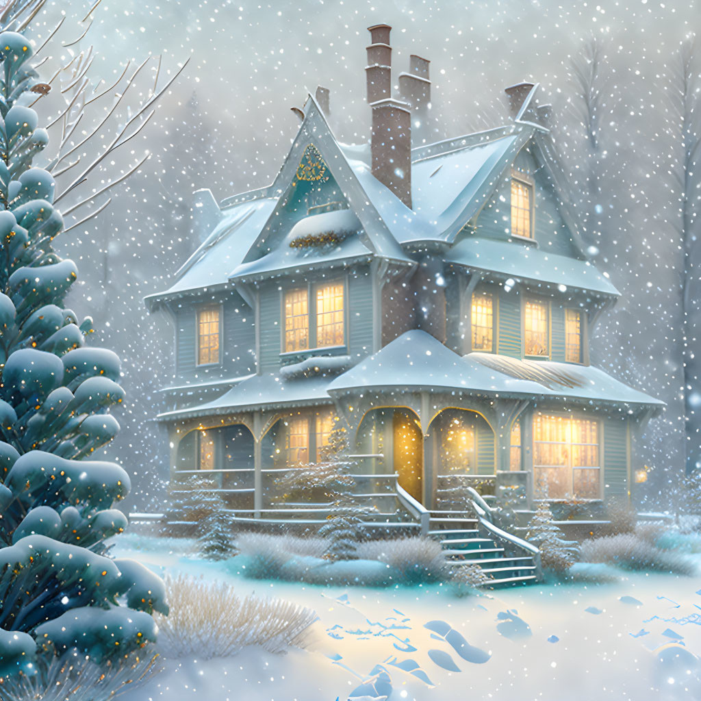 Snowy Landscape: Cozy Two-Story House and Snow-Covered Trees