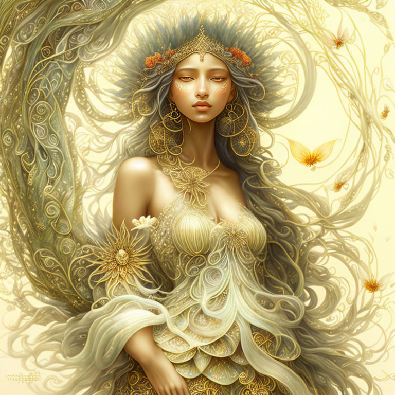 Ethereal woman with golden adornments in swirling patterns