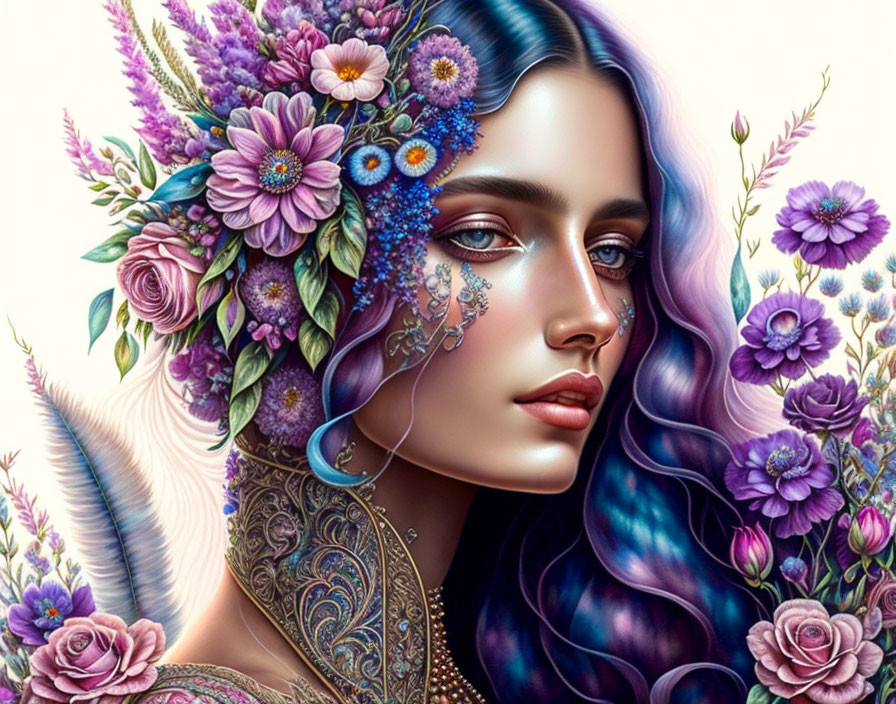 Vibrant blue-haired woman with floral adornments and intricate patterns