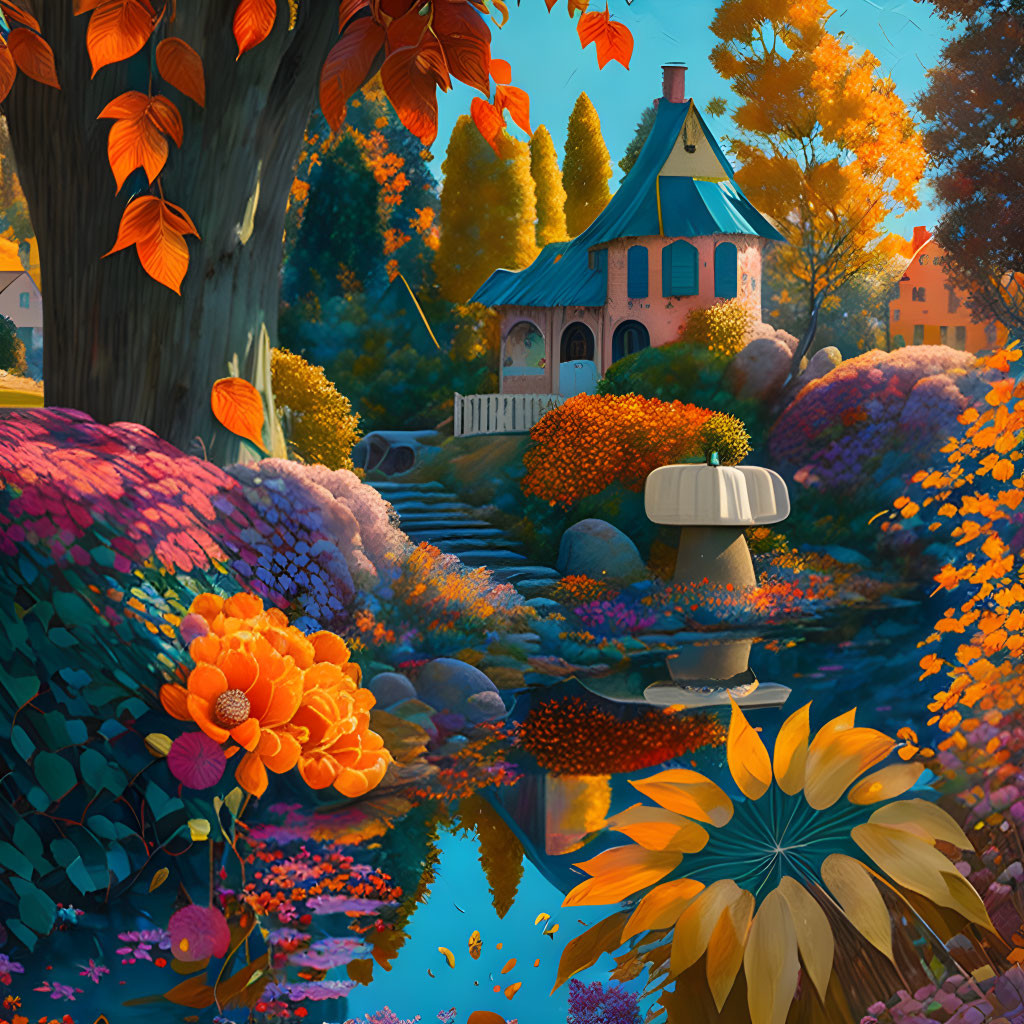 Colorful autumn house illustration by a serene pond