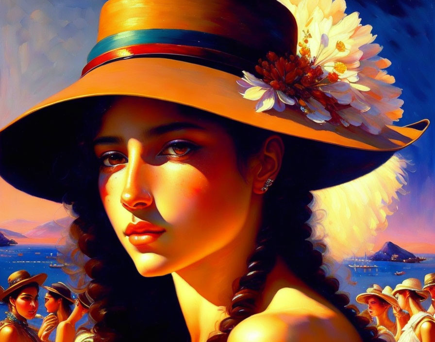 Woman with Flowered Wide-Brim Hat in Warm Sunset Seascape