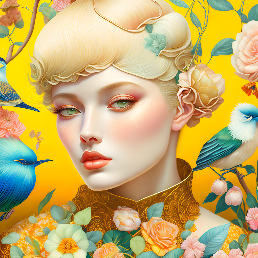 Illustrated portrait of woman with blonde hair, blue birds, and floral patterns on yellow background