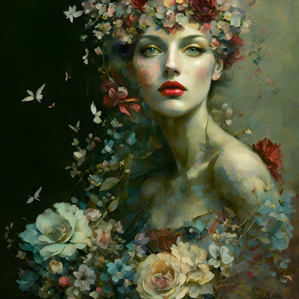 Woman with Floral Headdress and Butterflies in Dark Background