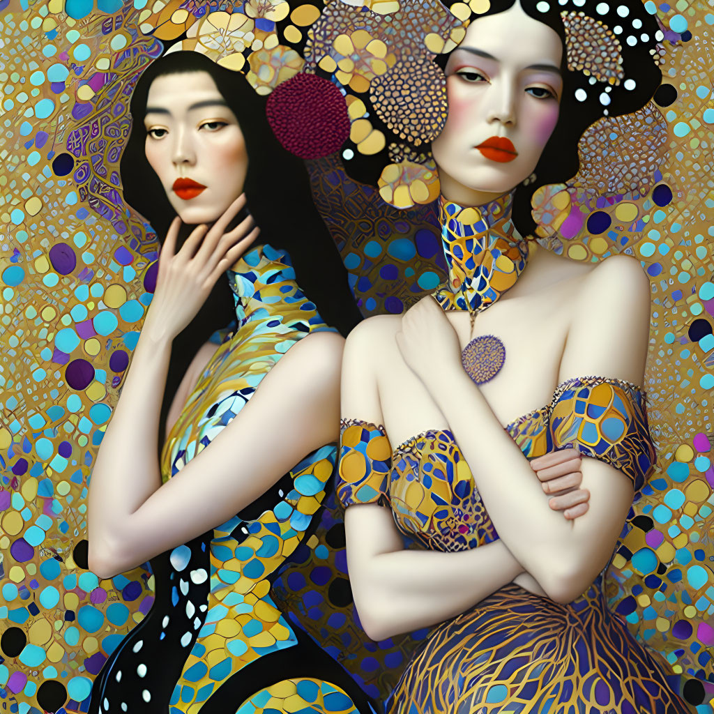 Stylized women with porcelain skin in gold and blue outfits against circle mosaic