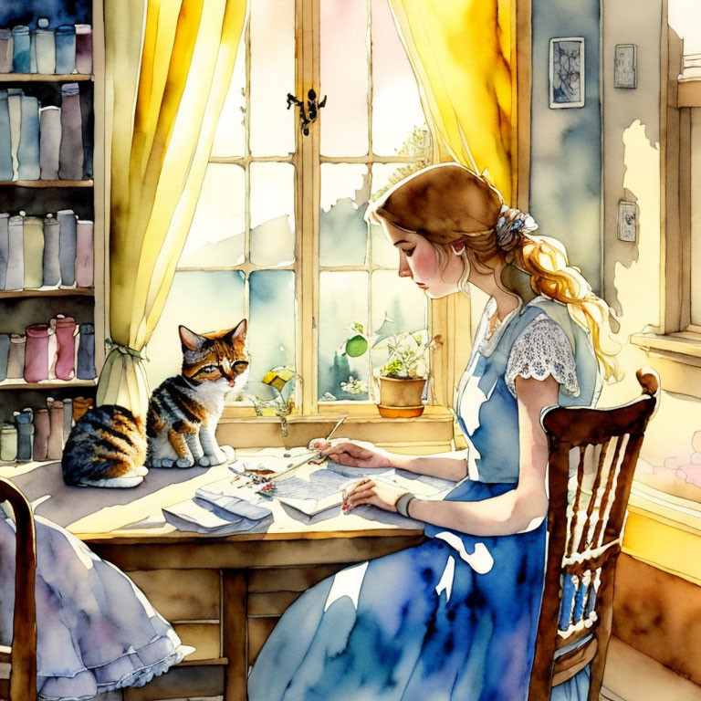 Woman in blue dress writing at wooden table with cat and sunlight.