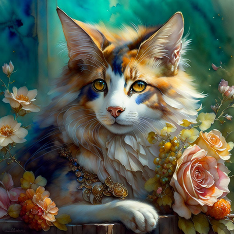 Ornate cat painting with multicolored fur and jewels among lush flowers