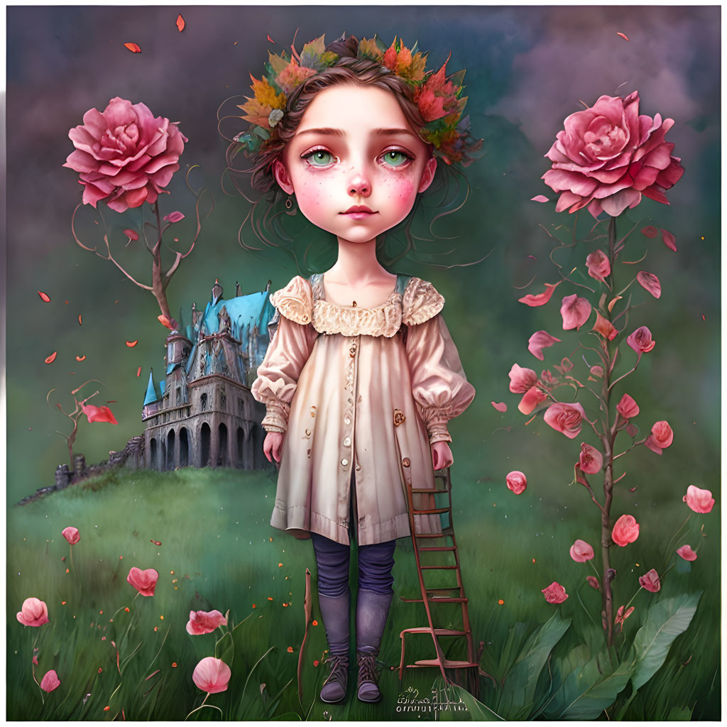 Wide-eyed girl with floral crown amid roses and castle.