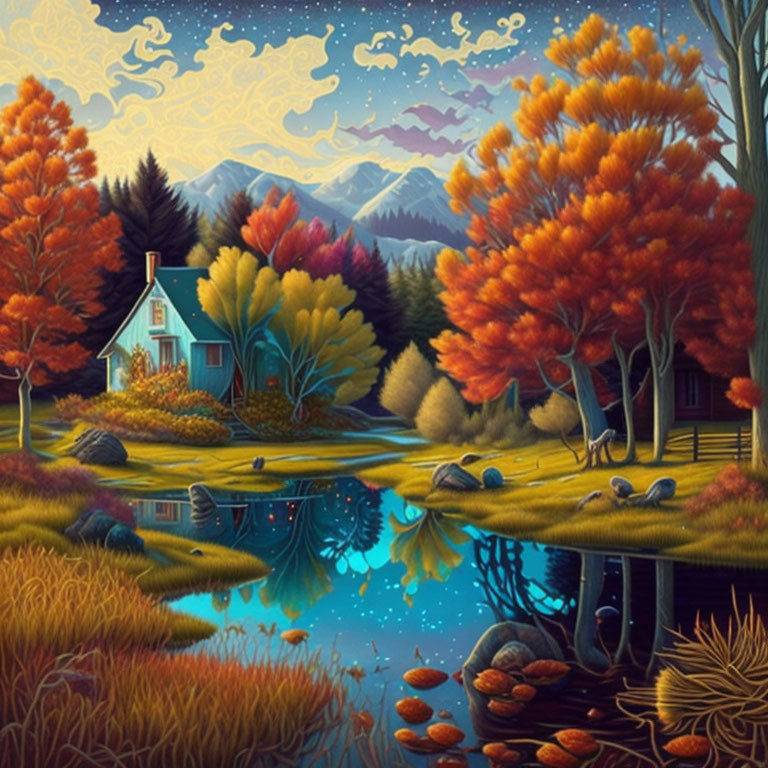 Colorful autumn scene: vibrant trees, cozy cottage, calm lake, whimsical sky