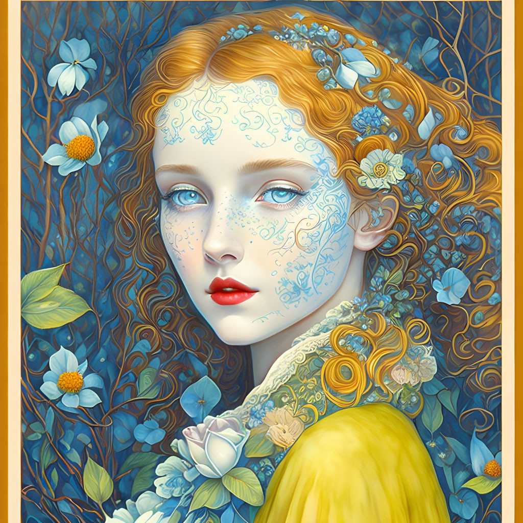 Red-haired woman with blue floral patterns in serene nature setting