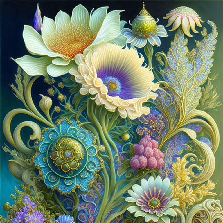 Detailed Illustration of Fantastical Flowers and Ornate Foliage in Blue, Green, and