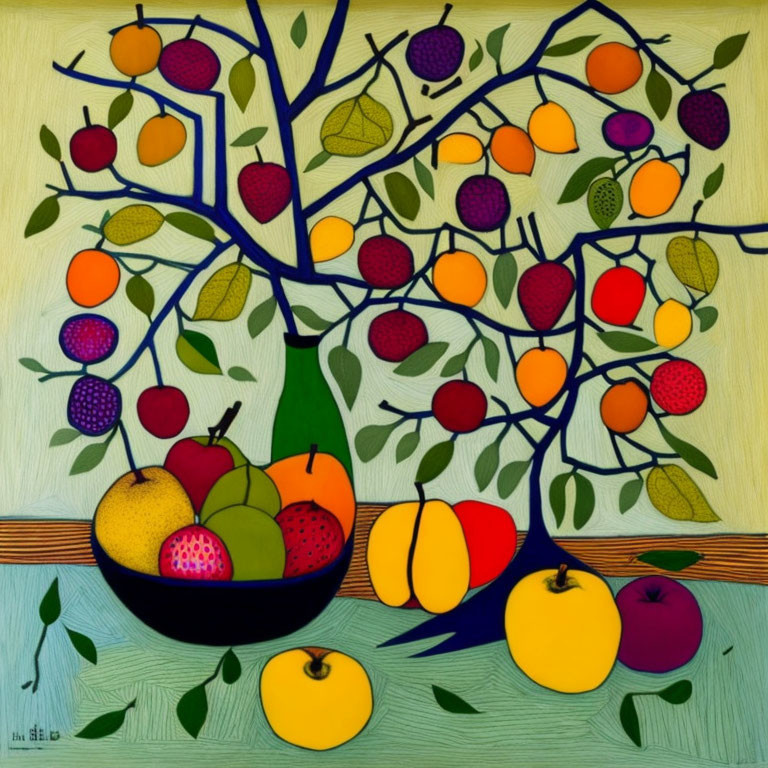 Vibrant fruit tree painting with bowl of fruits on yellow background