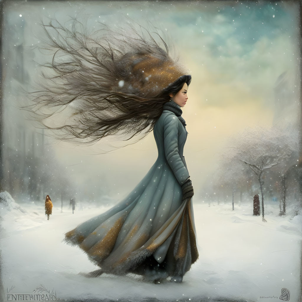 Woman in flowing coat walks in snowy landscape with bare trees