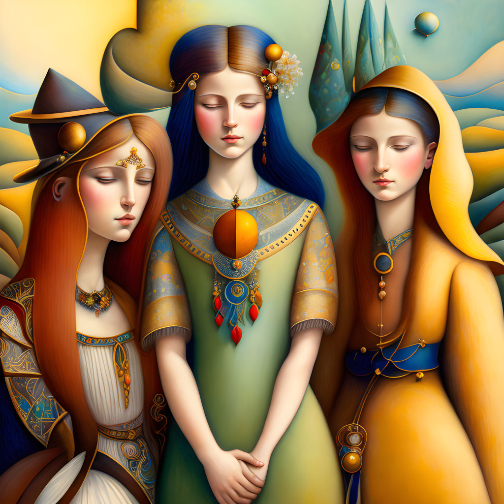 Stylized serene female figures in ornate attire against dreamlike backdrop