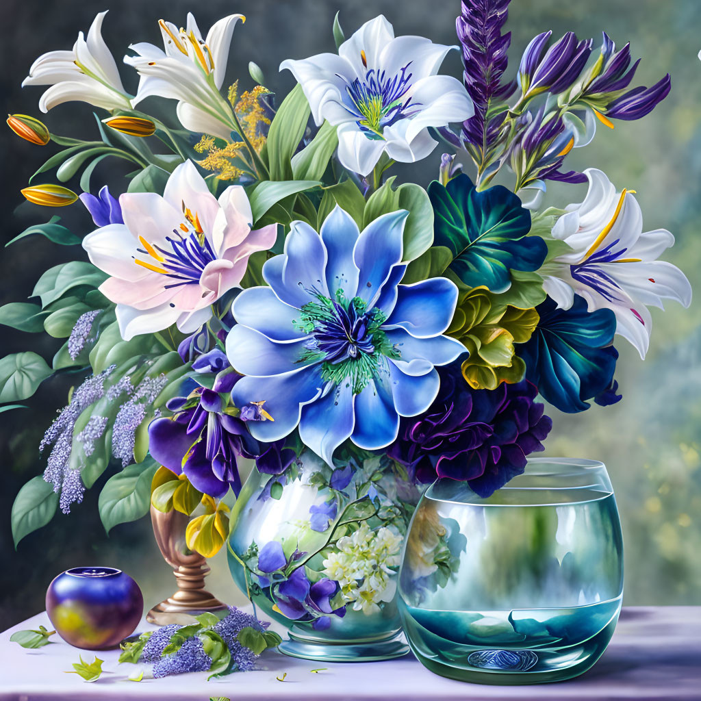 Colorful still life painting: bouquet with blue flower in glass vase next to fish bowl