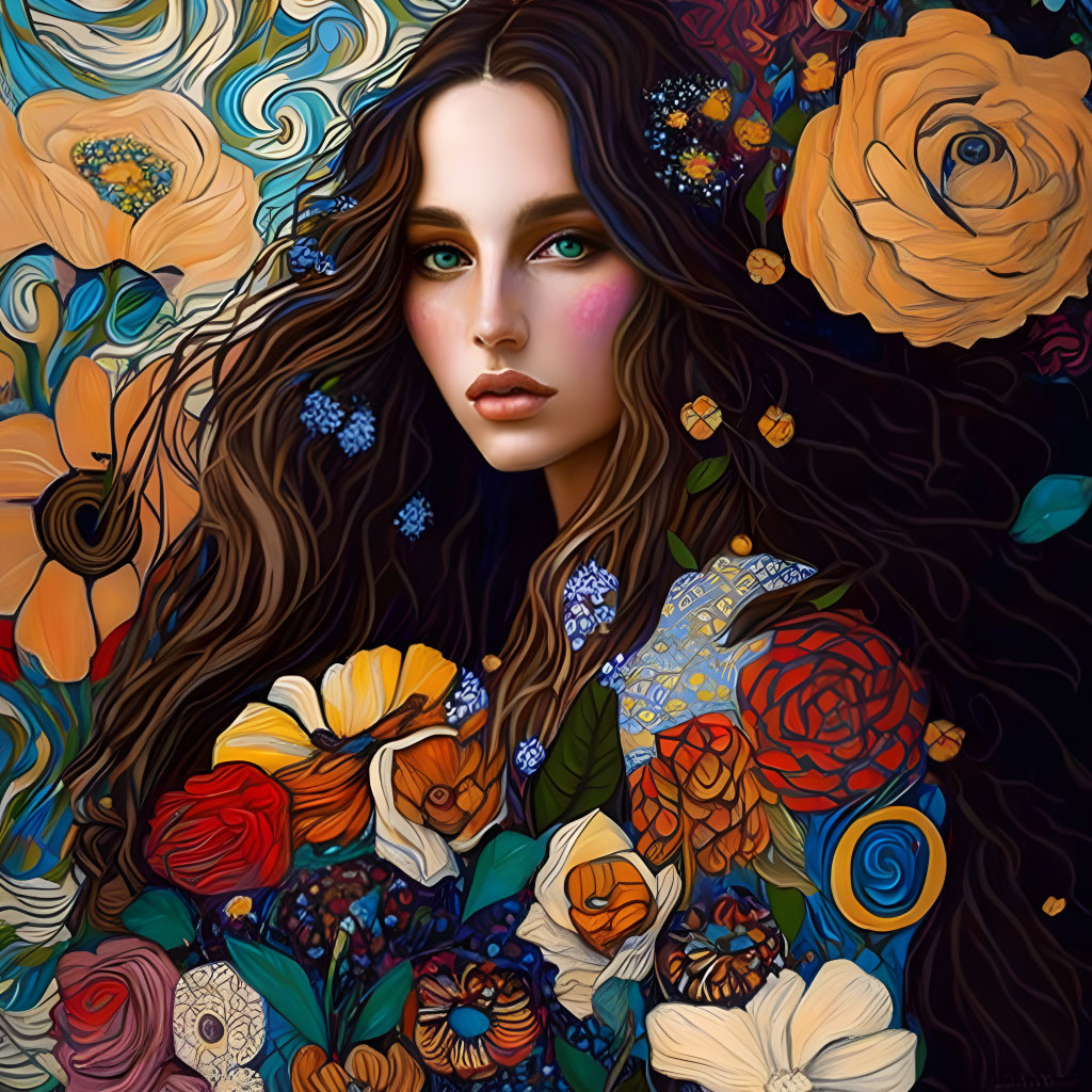 Art Nouveau style woman with flowing hair and floral elements on dark background