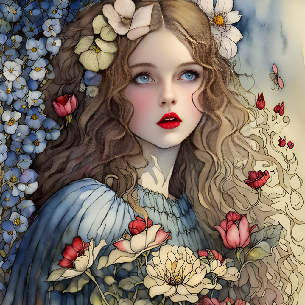 Detailed illustration of woman with wavy hair, blue eyes, red lips, in floral setting.