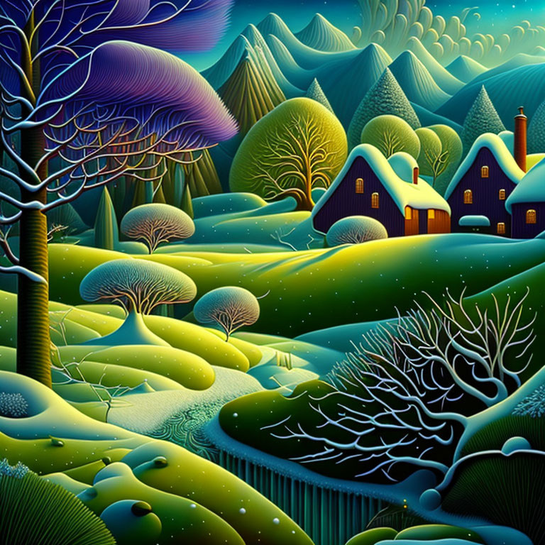 Stylized landscape with green hills, trees, houses under starry sky