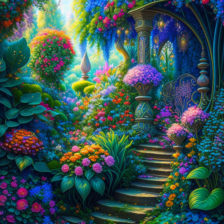 Colorful Flower Garden with Spiral Staircase and Ornate Pillars