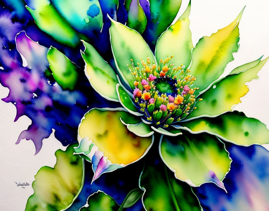 Colorful Watercolor Flower Painting with Blending Leaves and Petals