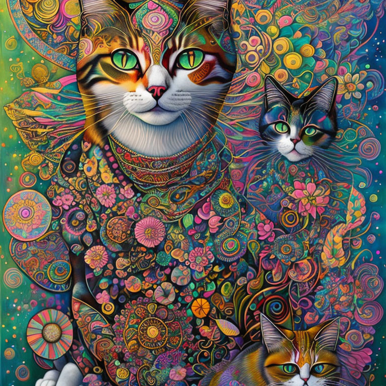 Colorful Psychedelic Artwork: Three Cats with Mandala Patterns