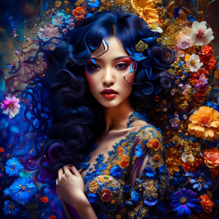 Woman with Deep Blue Wavy Hair in Floral Setting