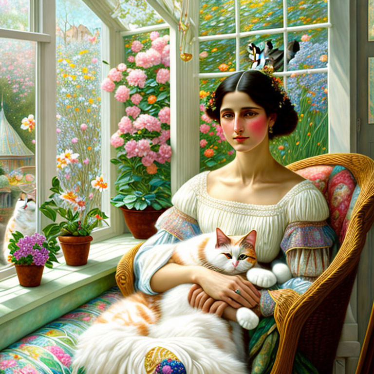 Woman in off-shoulder dress holding fluffy cat in sunlit room