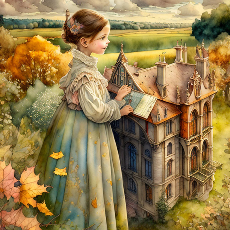 Girl in vintage clothing with map at intricate mansion