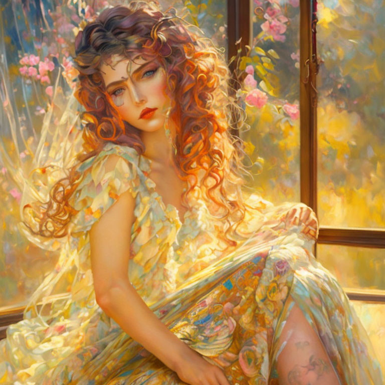 Woman with Curly Auburn Hair in Floral Dress by Sunlit Window