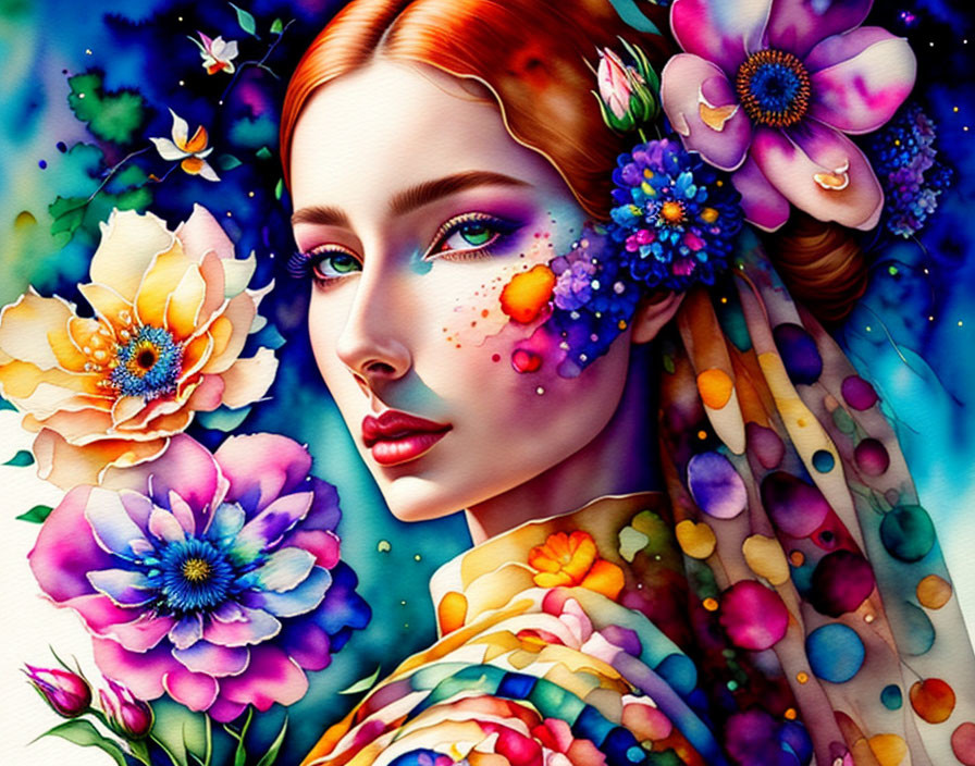 Colorful woman illustration with flowers and polka-dotted veil in vivid hues